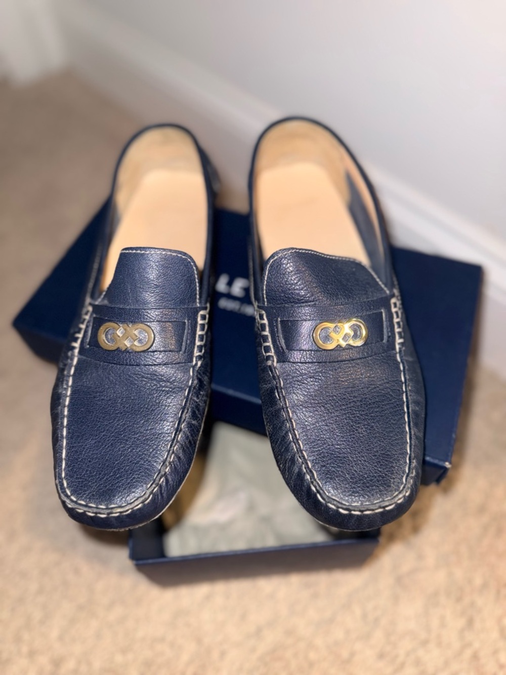 Cole Haan Navy Leather Slip-On Loafers with Gold Hardware